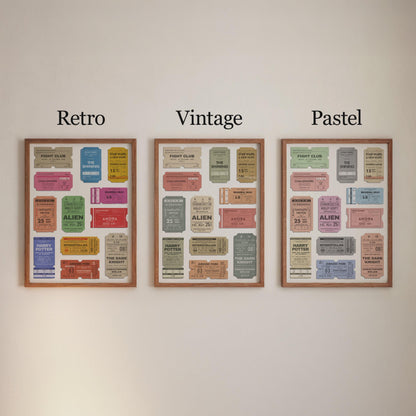 Custom vintage cinema ticket print in either vintage pastel or retro colour schemes to suit all spaces