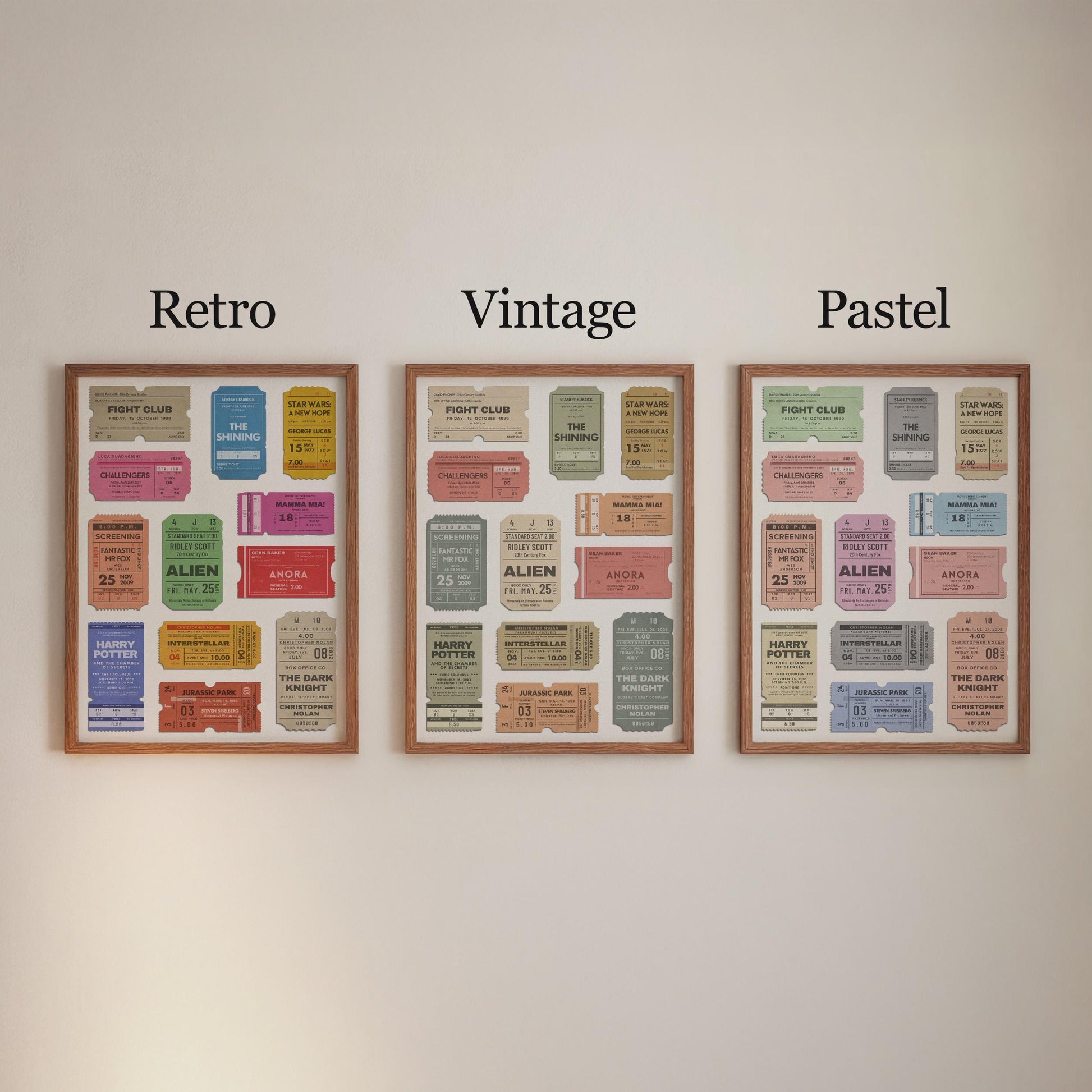 Vintage movie ticket stubs digital artwork comes in either vintage, retro or pastel colour schemes.