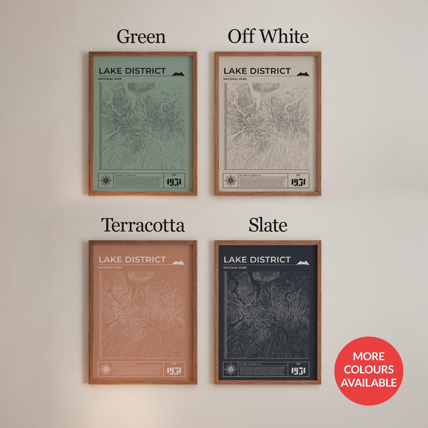 Lake District natural terrain artwork framed, leaning subtly on shelf, ideal hiking gift. Available in many colours.
