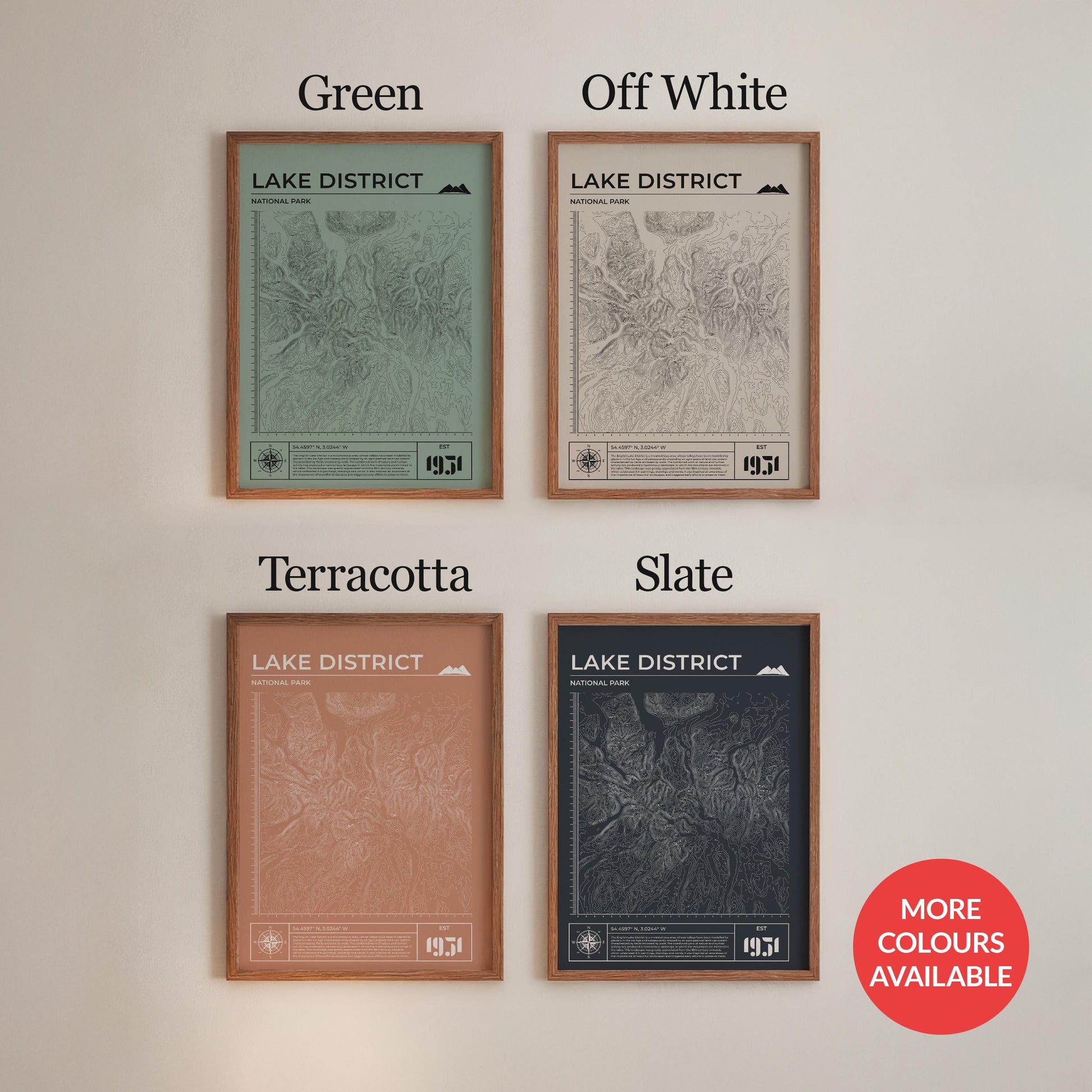 Lake District natural terrain artwork framed, leaning subtly on shelf, ideal hiking gift. Available in many colours.