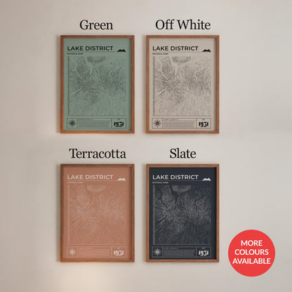 Lake District natural terrain artwork framed, leaning subtly on shelf, ideal hiking gift. Available in many colours.