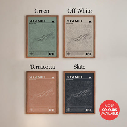 Framed Yosemite map art, great gift for hikers, many colour options.