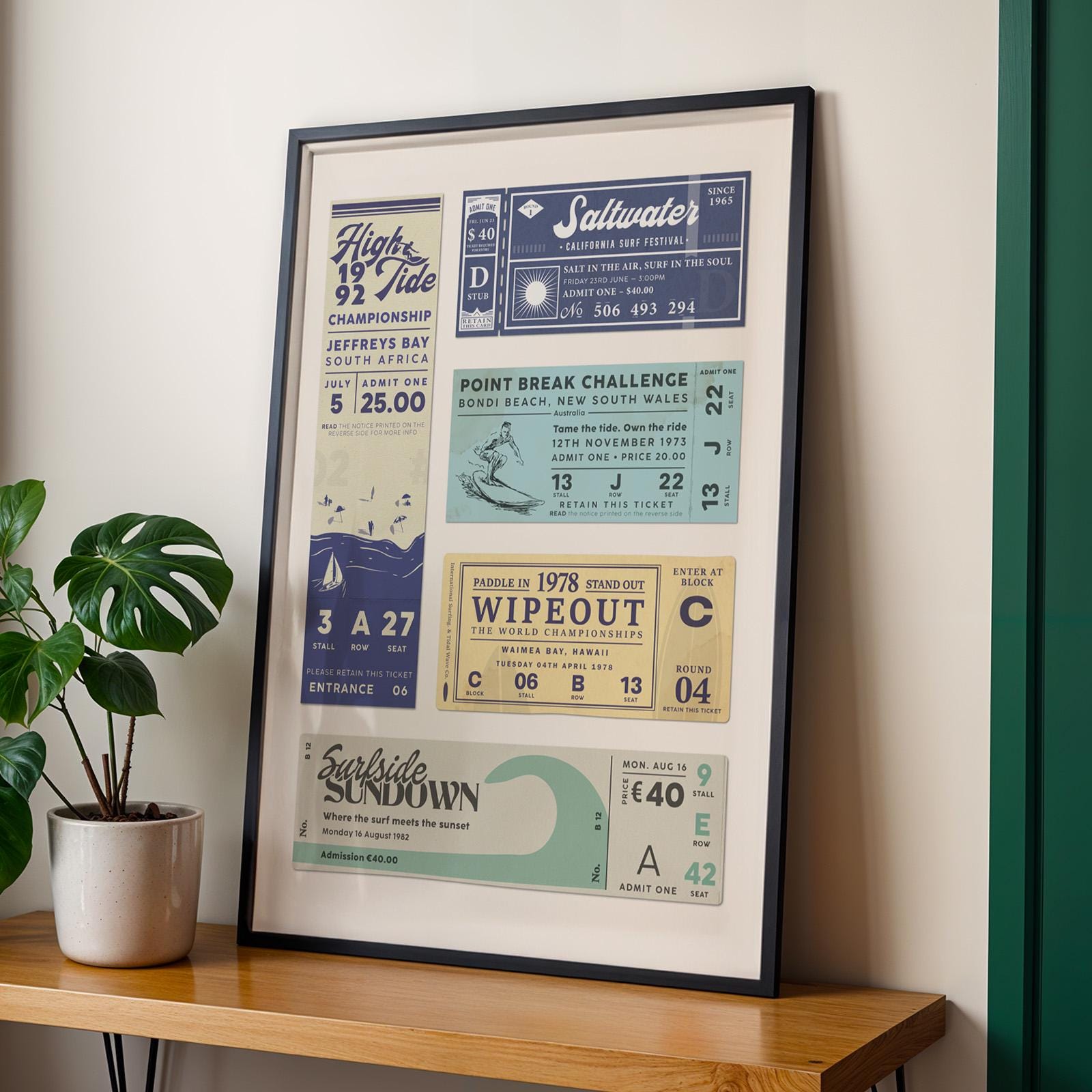 a surfing competition events poster leaning on shelf in bedroom
