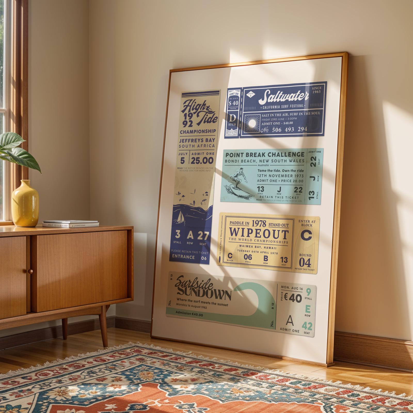 blue green and yellow ticket stub wall art