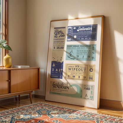 blue green and yellow ticket stub wall art