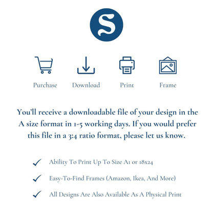 You will receive a download file once purchased in A size format as default. If you would prefer 3:4 Ratio print files please let us know when ordering.