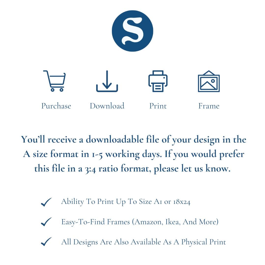 You will receive a download file once purchased in A size format as default. If you would prefer 3:4 Ratio print files please let us know when ordering.