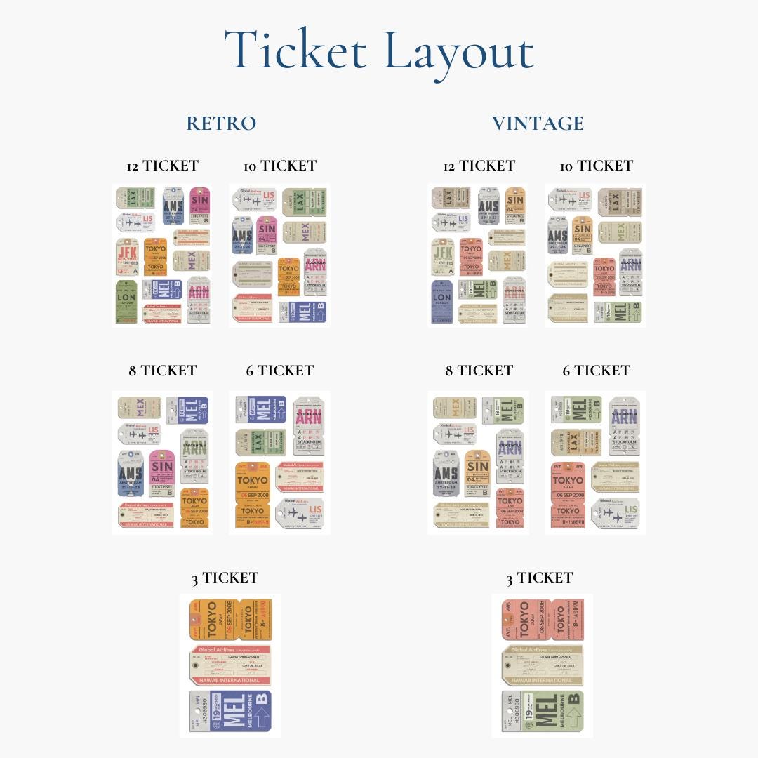 Options available for custom personal layout of travel boarding tags. various options to suit any space