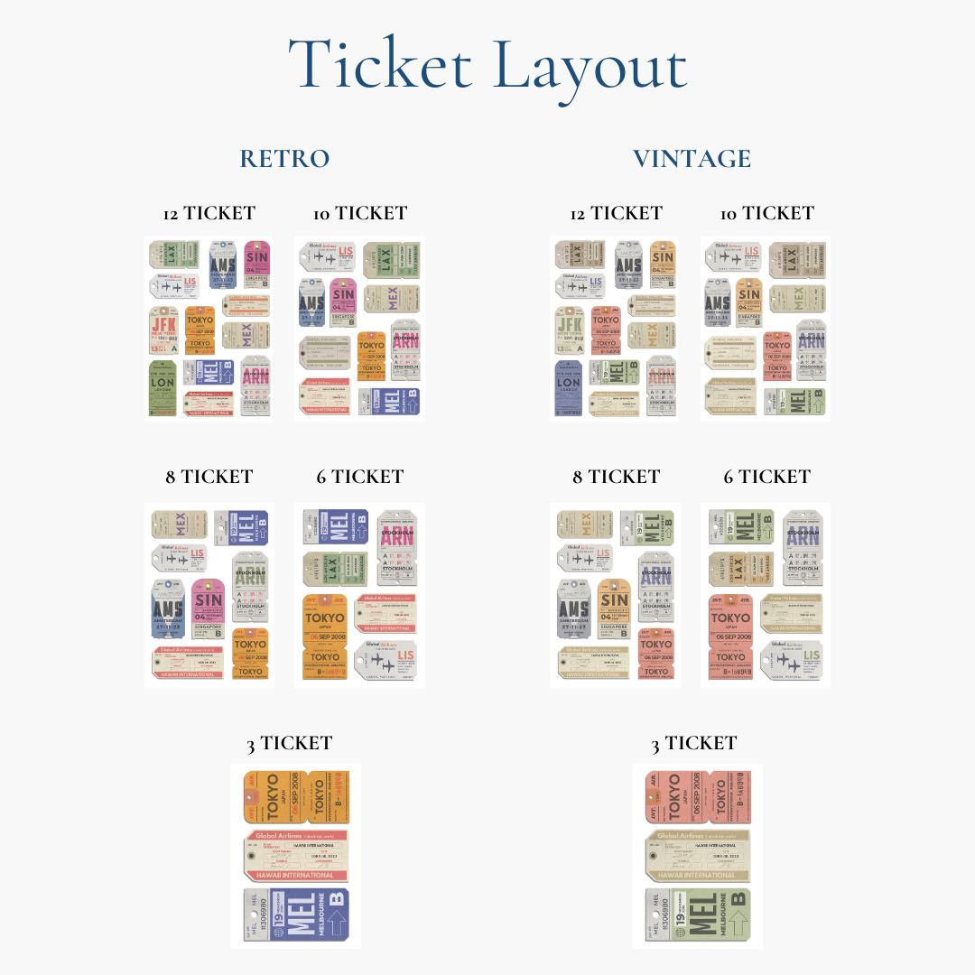 Options available for custom personal layout of travel boarding tags. various options to suit any space