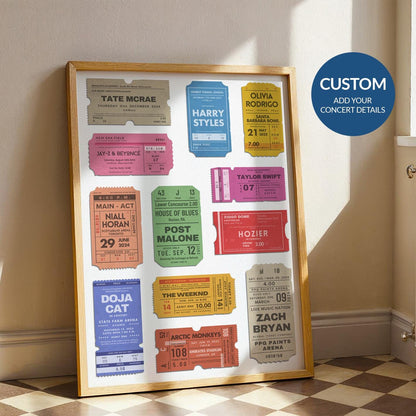 Custom vintage concert ticket poster featuring personalised gigs and artists a perfect bespoke gift for music lovers
