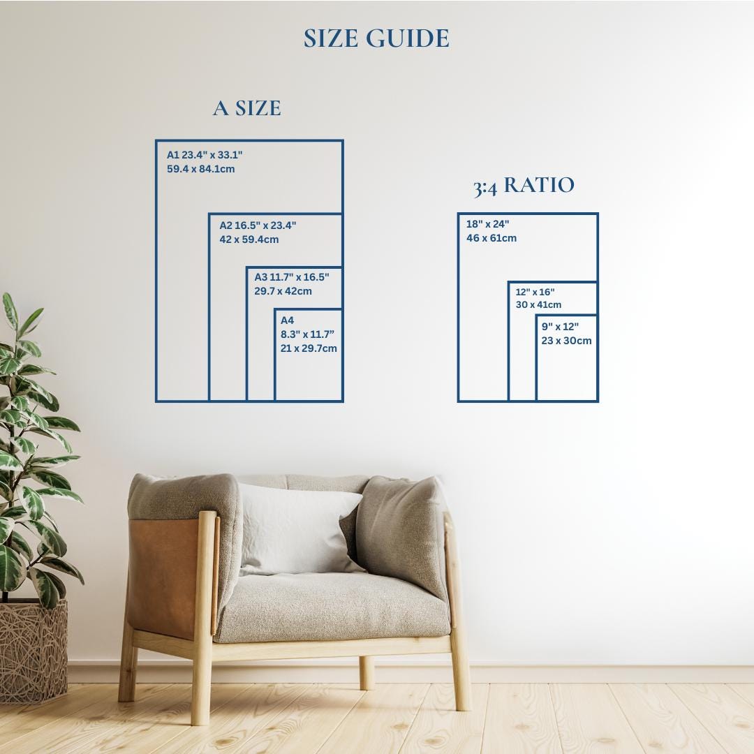 Size for prints are A4, A3, A2, A1 and 9x12, 12x16, 18x12. Ideal to suit any space from kitchen to office.
