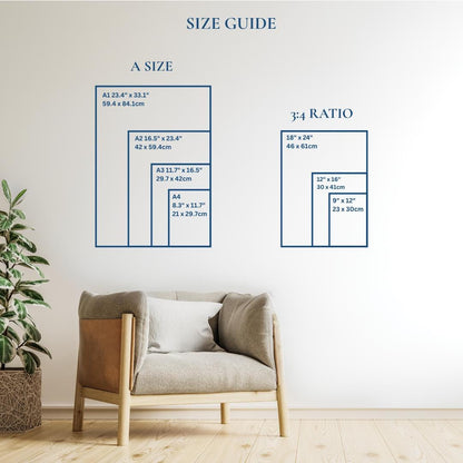 Size for prints are A4, A3, A2, A1 and 9x12, 12x16, 18x12. Ideal to suit any space from kitchen to office.