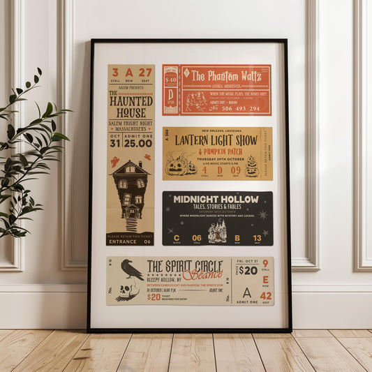A fall colour inspired Vintage Halloween town ticket stub poster.