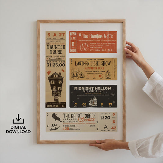 A retro Halloween Ticket Stub Poster on a kitchen wall.