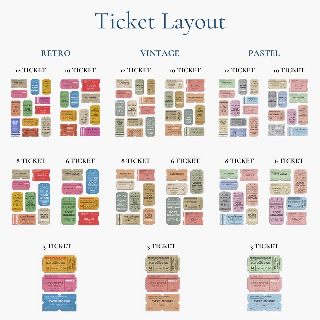 Digital keepsake featuring customised retro tickets a unique and sentimental gift for music lovers leaning on shelf