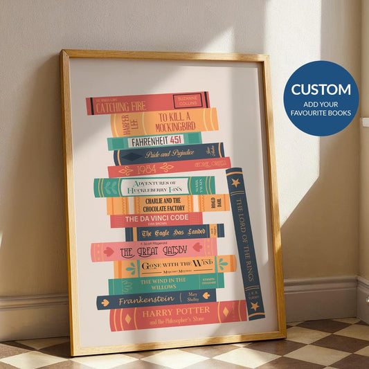 Personalised Custom Book Stack Poster framed and leaning on wall perfect bookish gift for reading nook or bookshelf decor
