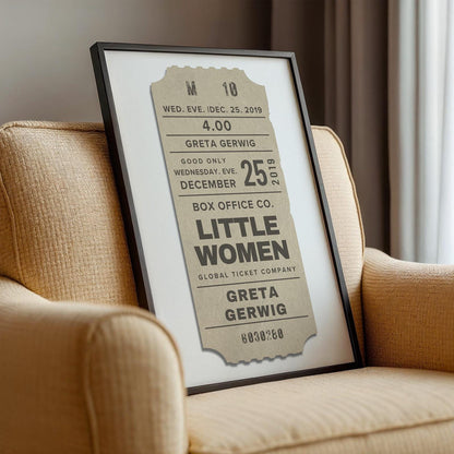 neutral colour designed cinematic event ticket style wall art on chair