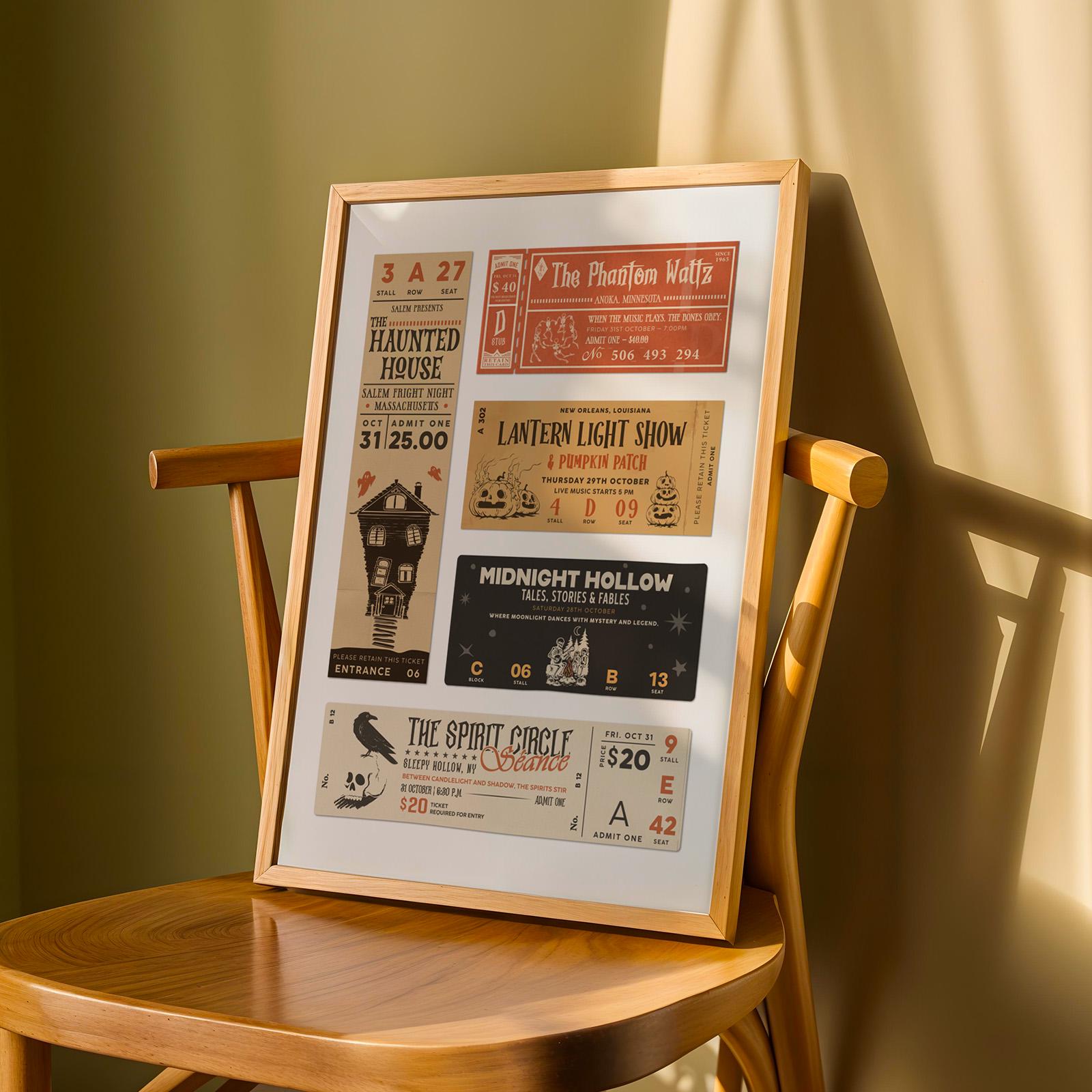 A framed print leaning on a chair. nostalgic event stubs for ghost tours, haunted house and more.