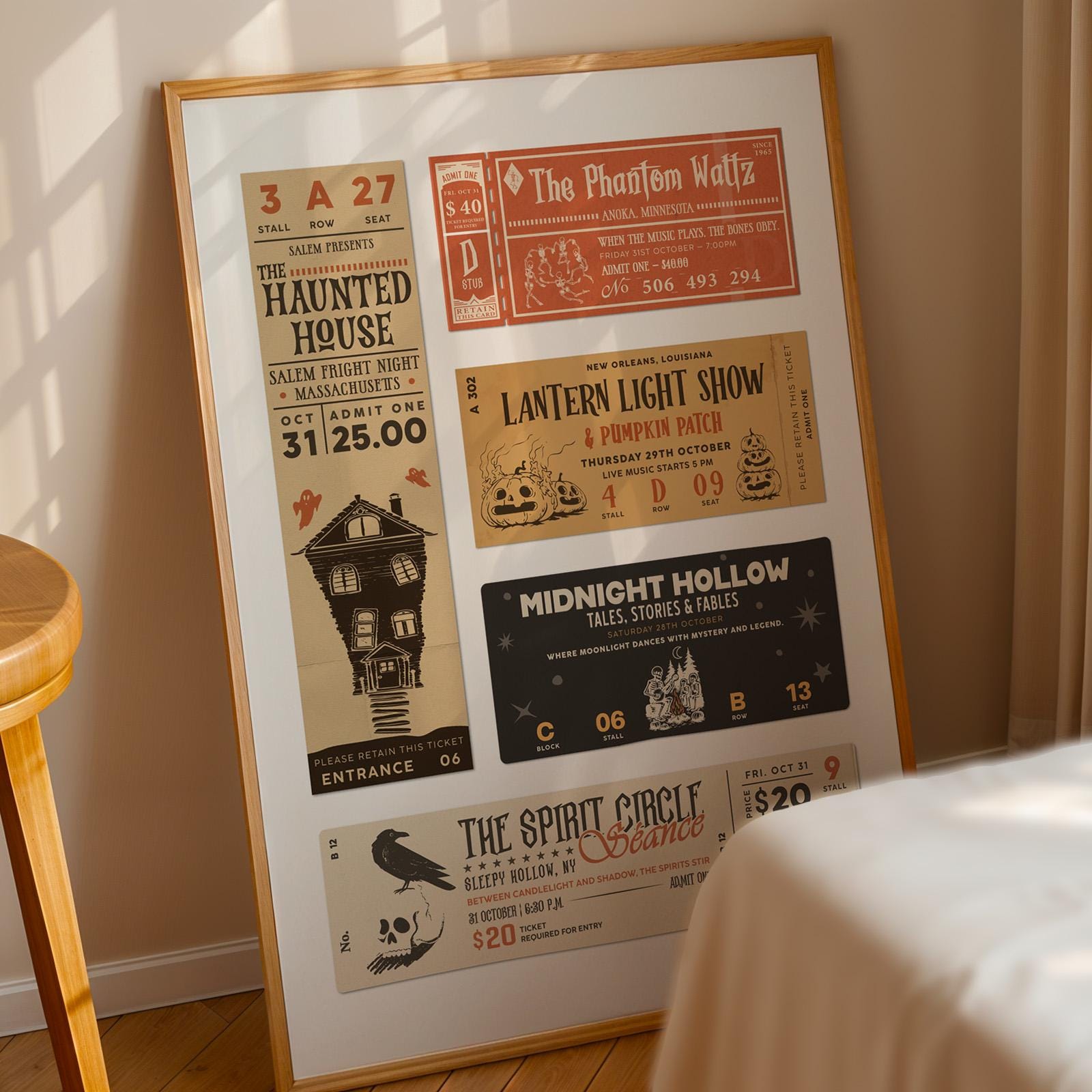 A autumn fall spooky wall art piece of various October events like pumpkin patch picking.