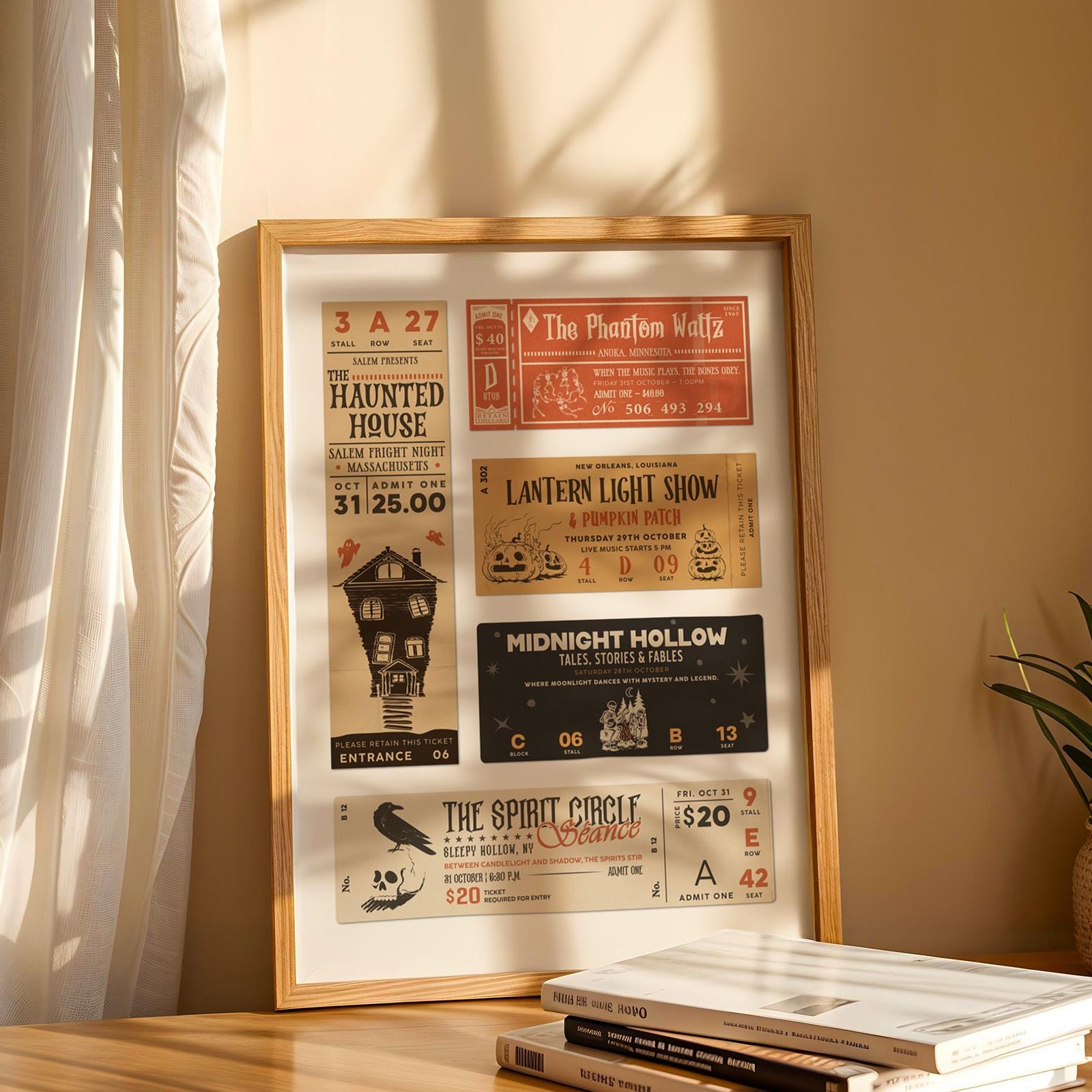 a perfect gift idea for a gothic horror show lover. a wall art piece with orange, black white and cream colours.