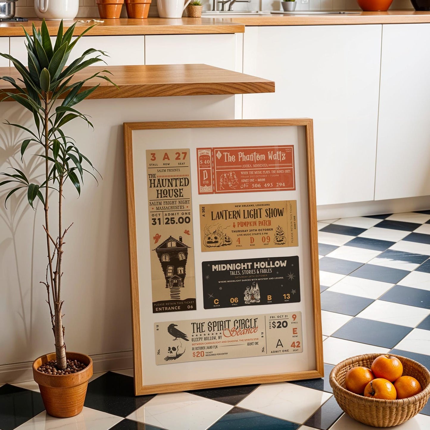 A retro Halloween Ticket Stub Poster leaning on a kitchen wall.