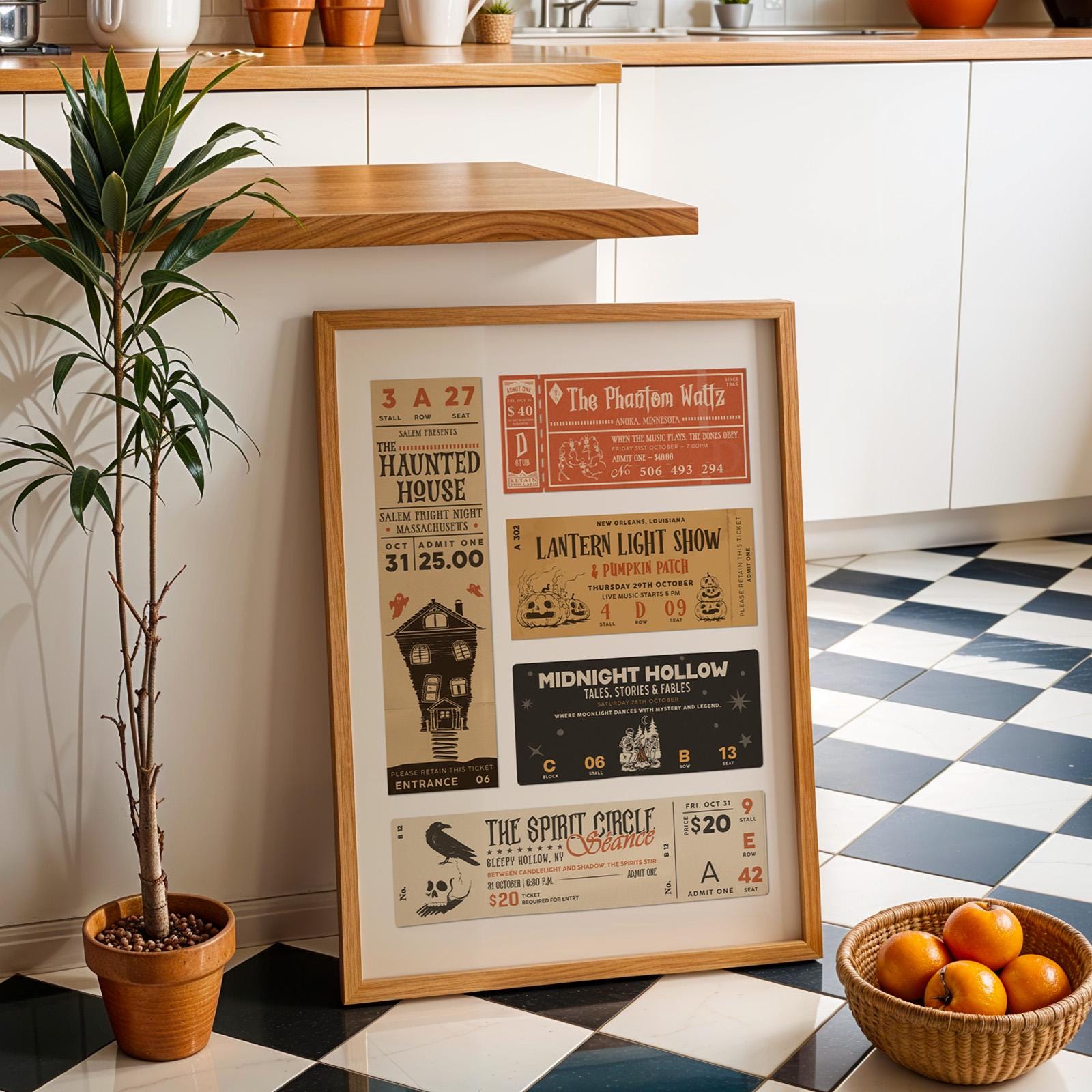 A retro Halloween Ticket Stub Poster leaning on a kitchen wall.