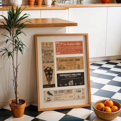 A retro Halloween Ticket Stub Poster leaning on a kitchen wall.