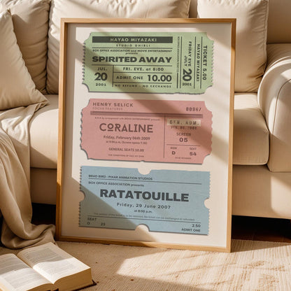 framed trio nostalgic cinema tickets on wall art piece