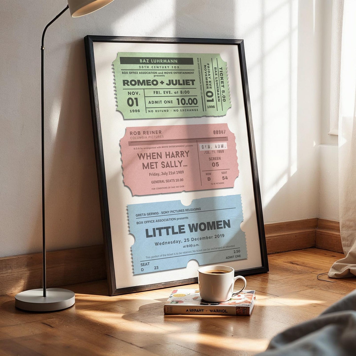 minimalist desk with black frame wall art