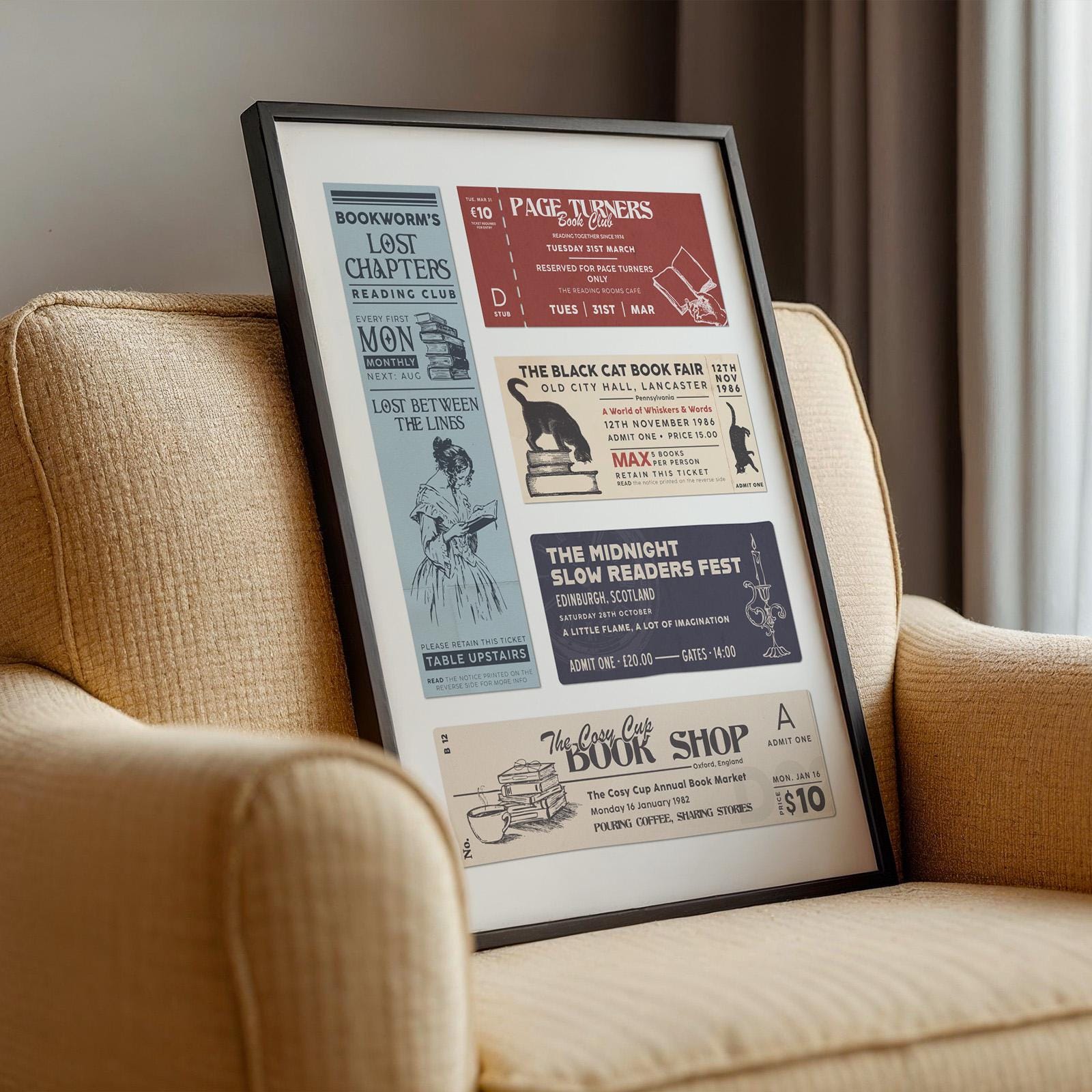 Book Club Ticket Stub Poster: Bookish Vintage Reading Nook Decor (Digital Download)