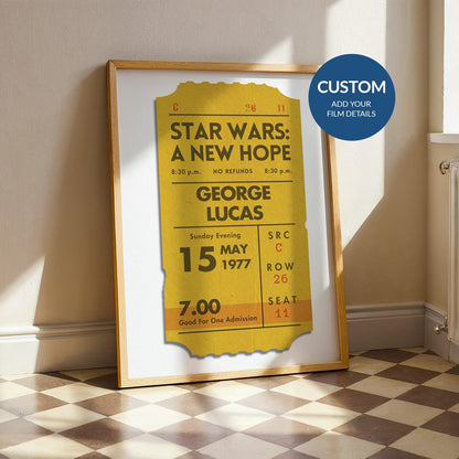 a framed print leaning on kitchen wall. Vintage ticket stub poster art