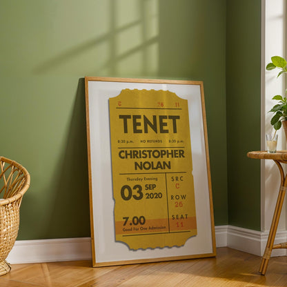 minimalist bedroom with bright yellow retro poster on wall
