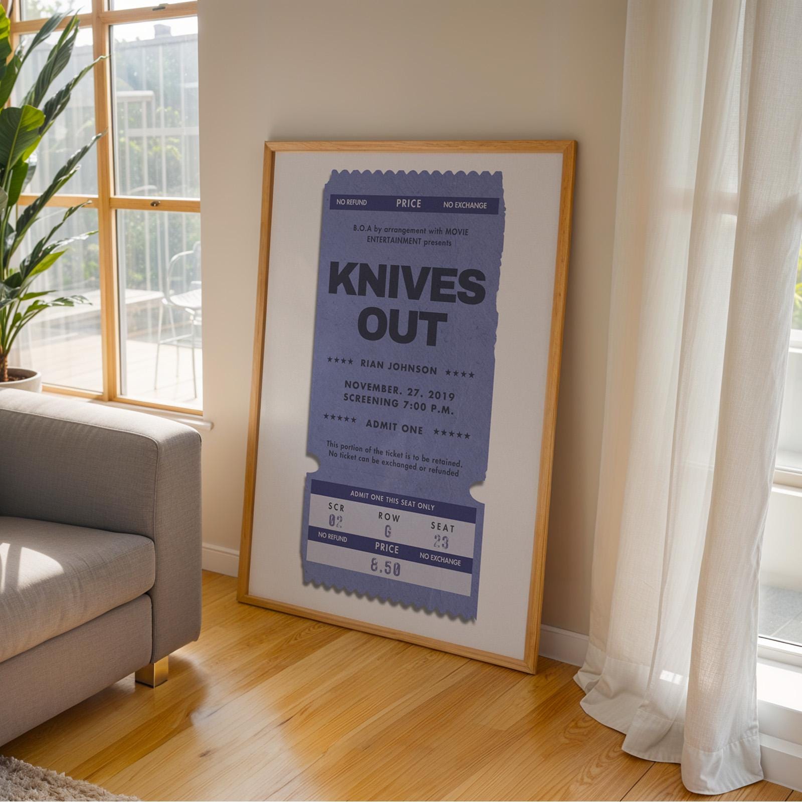 muted blue wall art in living room. worn old tickets design