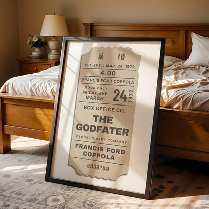 black frame poster of personalised movie tickets pass in bedroom