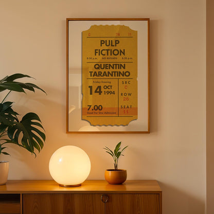 vibrant coloured vintage movie ticket stub on wall in cosy lighting.