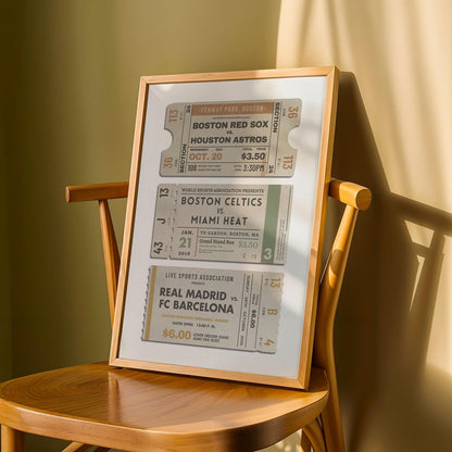 framed art on a chair. vintage old torn tickets made with bespoke games and events you have seen.