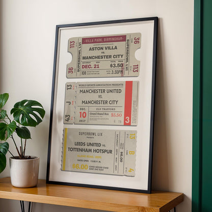 set of three vintage ticket stubs on a poster. unique to your games and made bespoke to your style.
