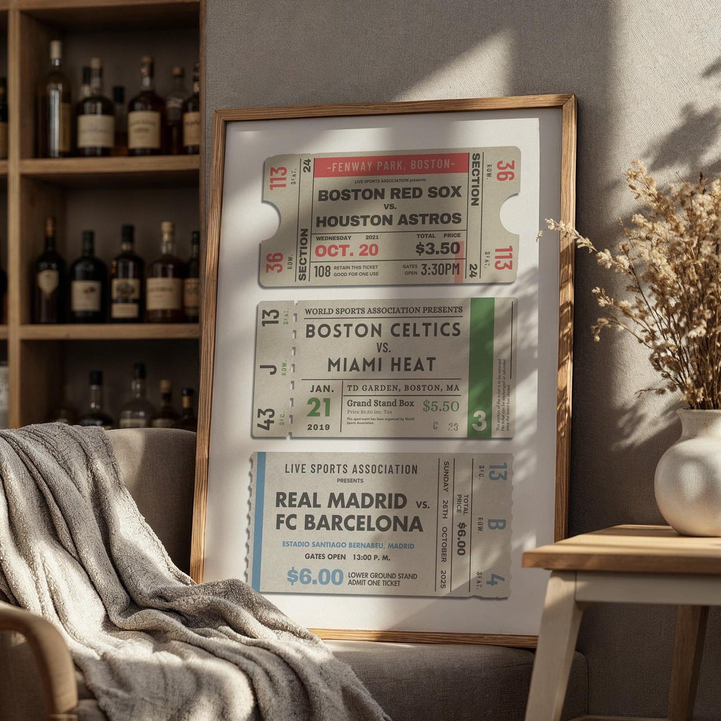 vintage ticket stubs art for sporting event games. framed in a large oak frame.