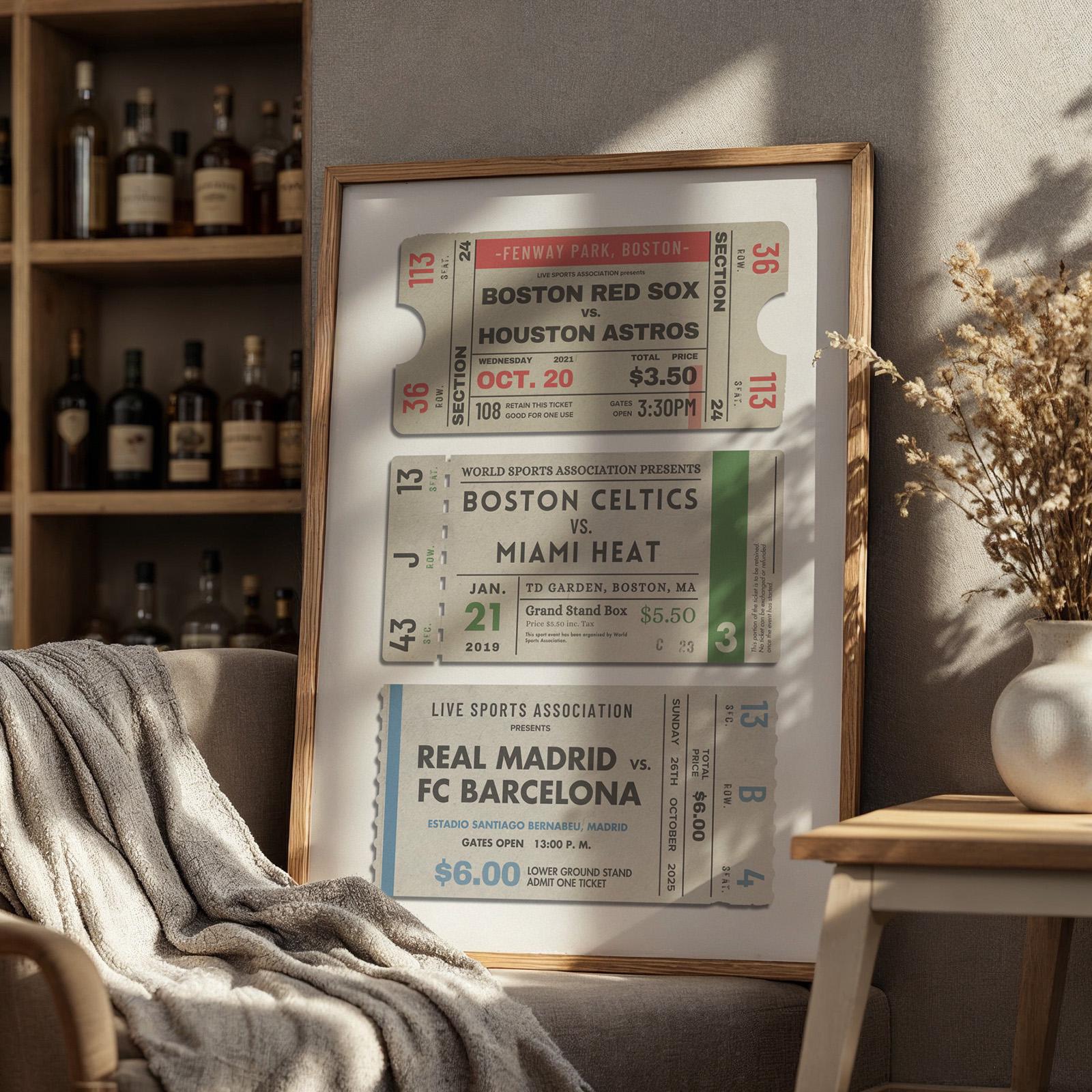 vintage ticket stubs art for sporting event games. framed in a large oak frame.