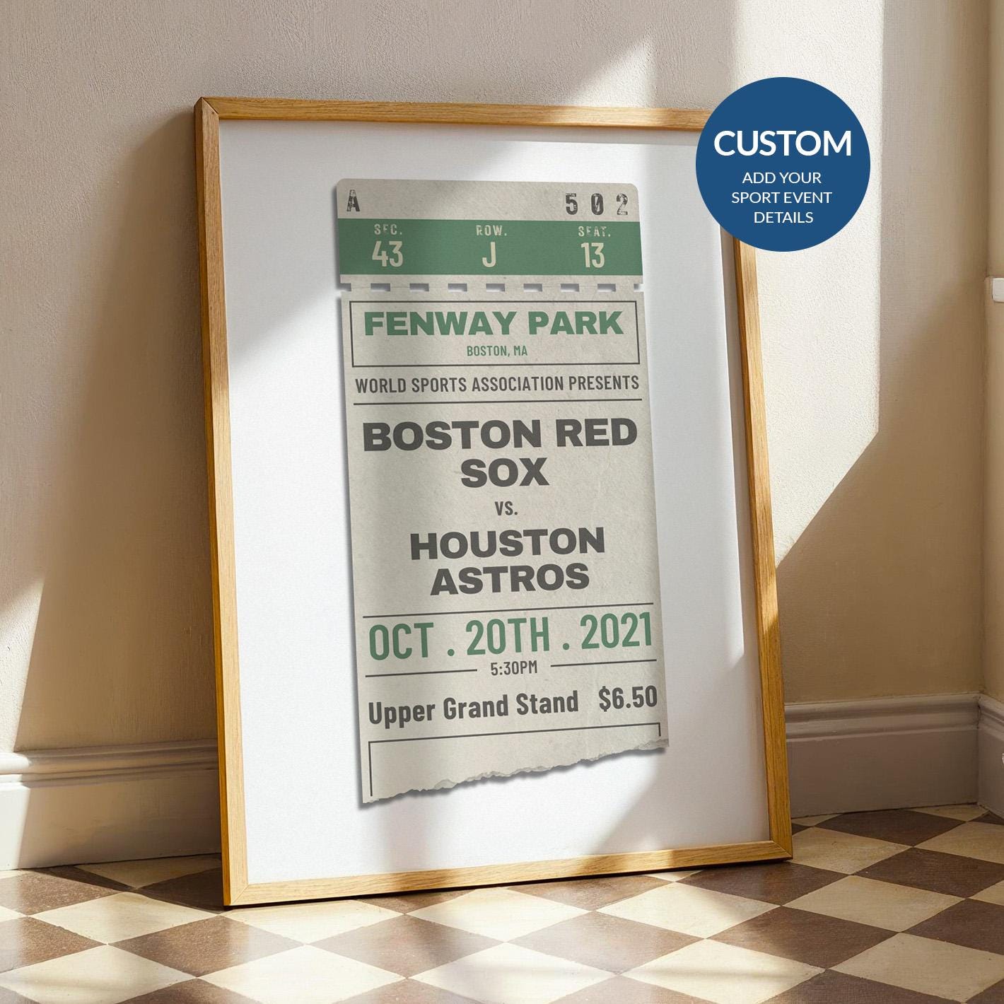 a vintage ticket stub inspired design for sports fans. framed art leaning on the wall