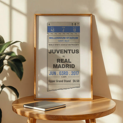 a football ticket bespoke to your game. designed to look old and nostalgic. this wall art is framed and leaning on a wall in an office.