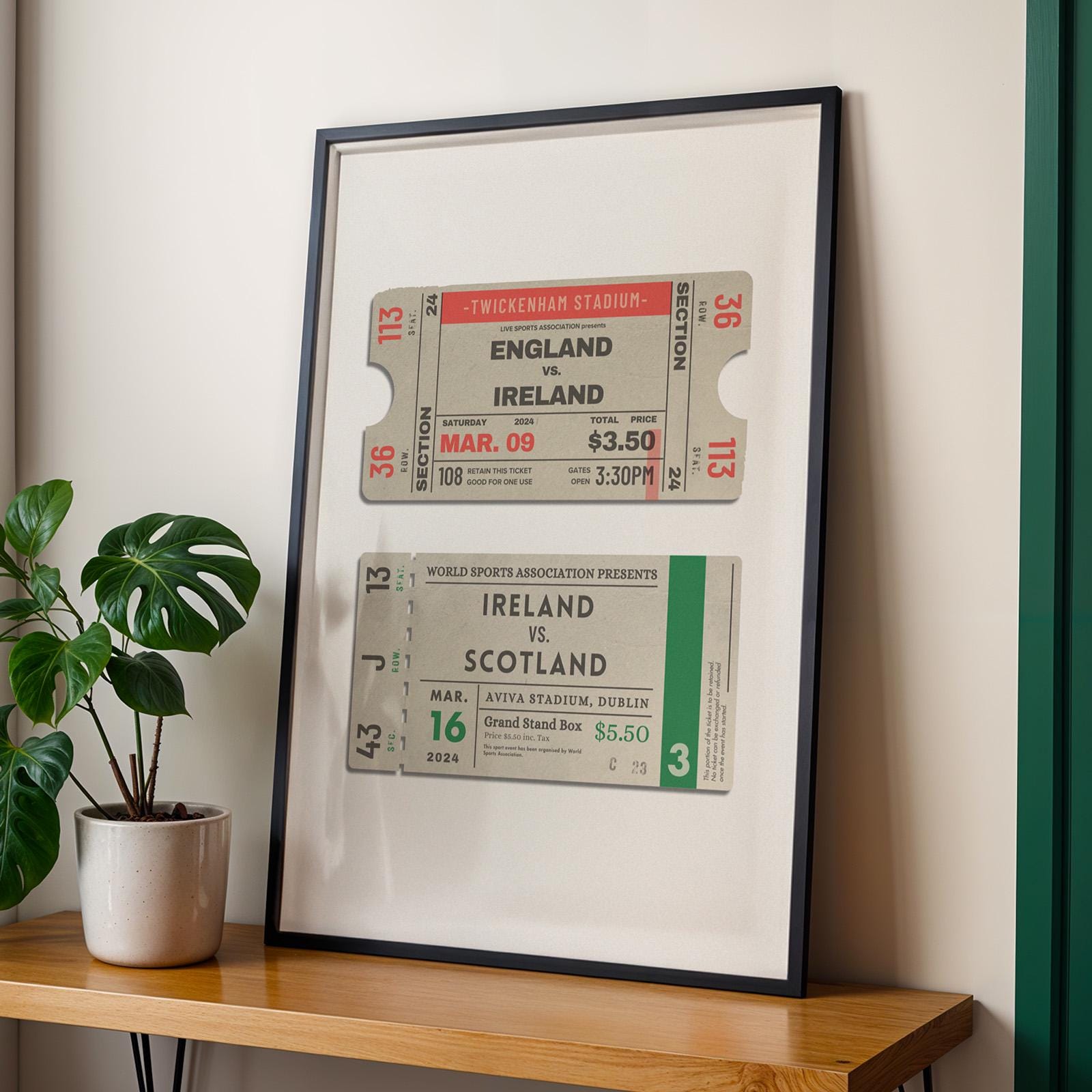 our printable digital print in a black frame on shelf in living room.