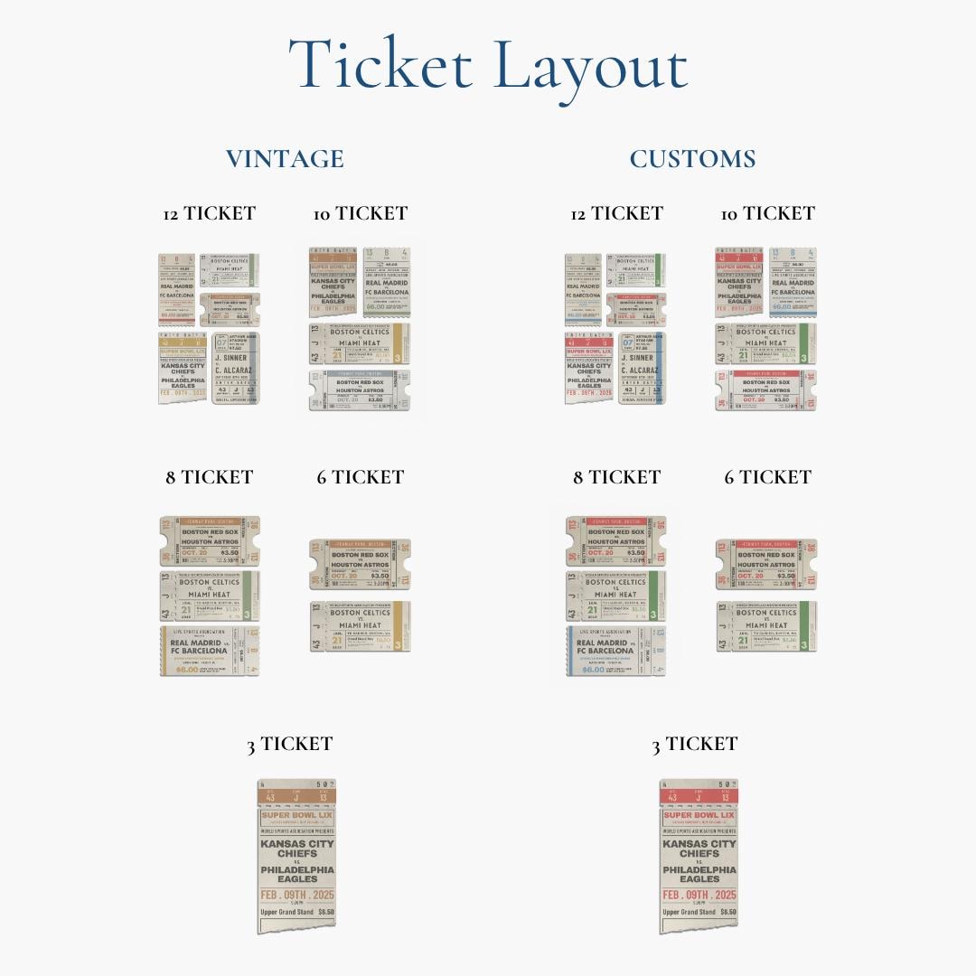 an example image of the ticket layout options for your print. pick between 1, 2, 3, 4 or 5 tickets stubs on your print