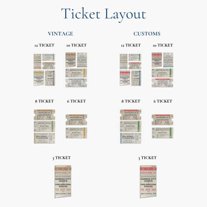 an example image of the ticket layout options for your print. pick between 1, 2, 3, 4 or 5 tickets stubs on your print