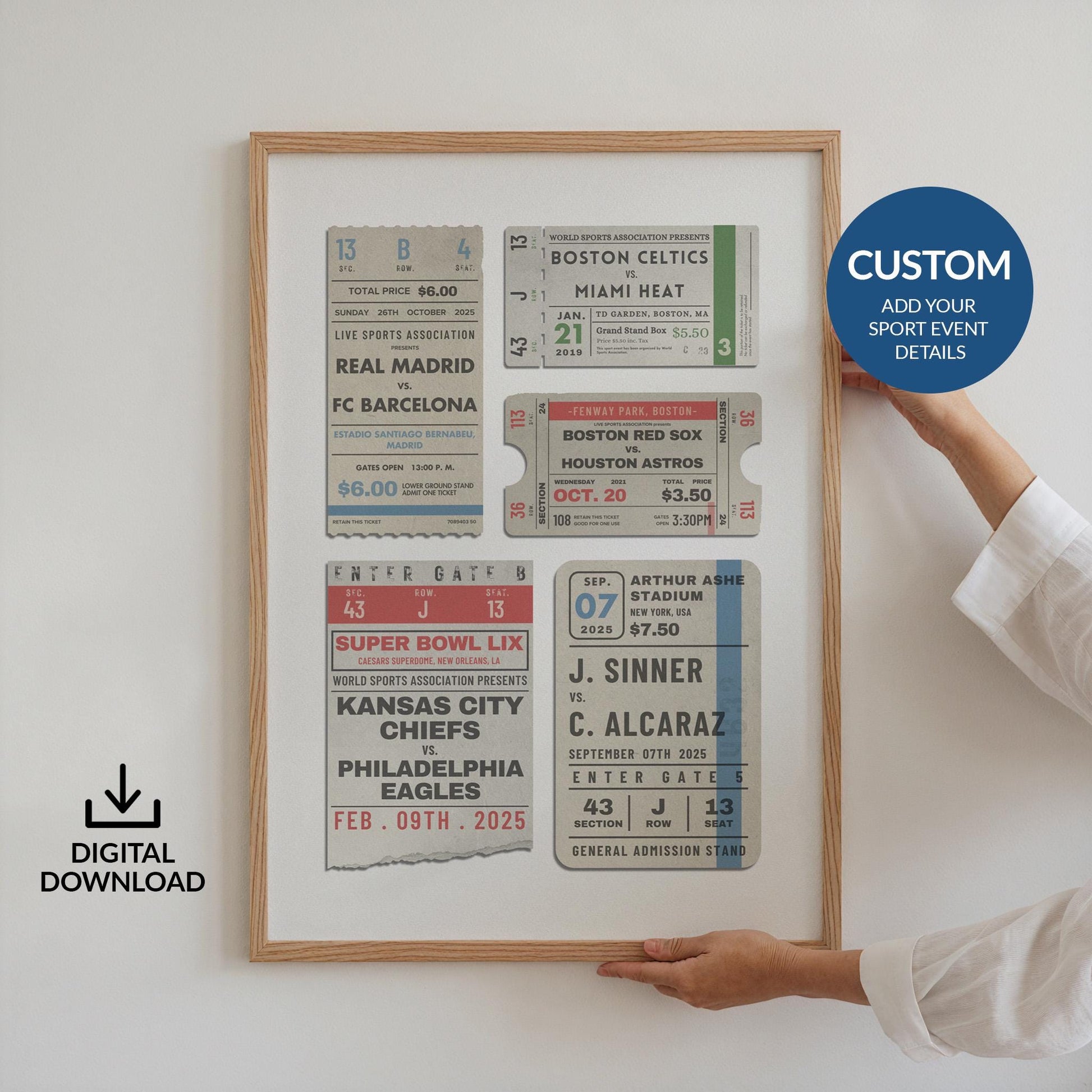 a printable digital file inspired by old sporting event ticket stubs. personalised and custom to your games.