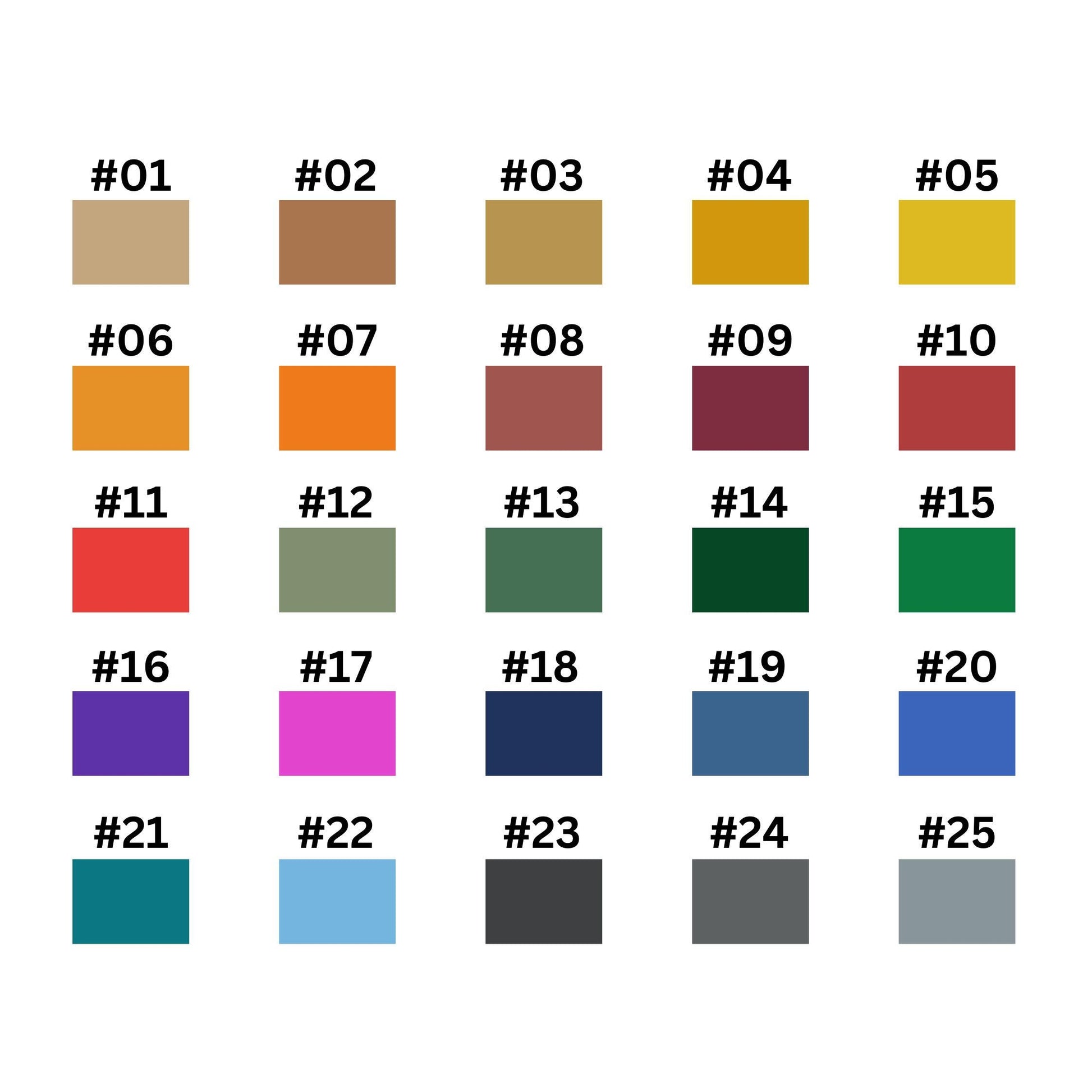 a list of colours available to use for your personalised colour choices.