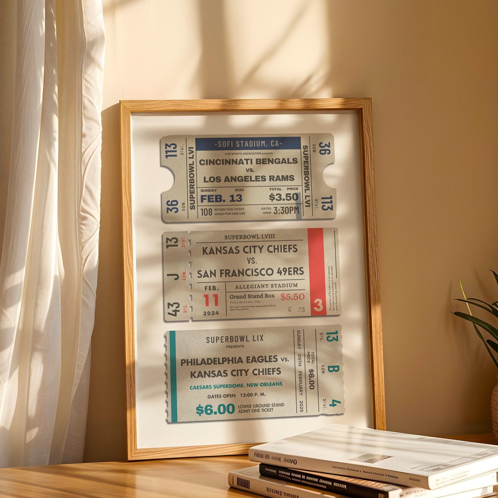 an oak framed print featuring vintage style sports passes custom with your games.