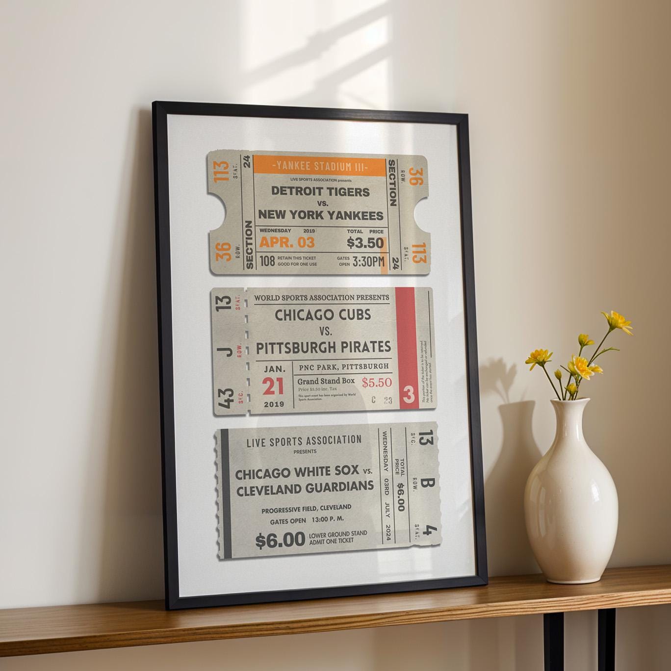 A black framed A4 Poster on a shelf in minimalist home.