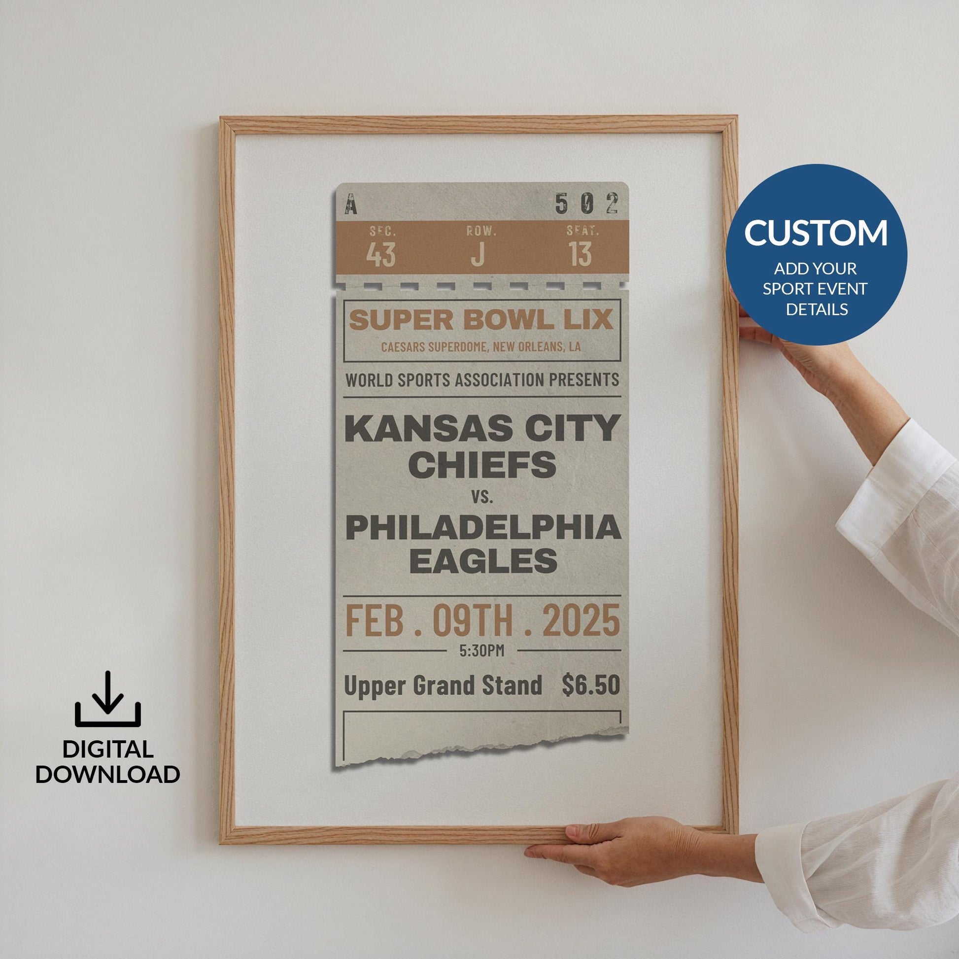 a digital file poster made for you of your favourite sporting events on a vintage ticket stub.