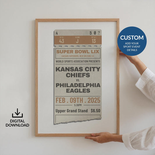 a digital file poster made for you of your favourite sporting events on a vintage ticket stub.